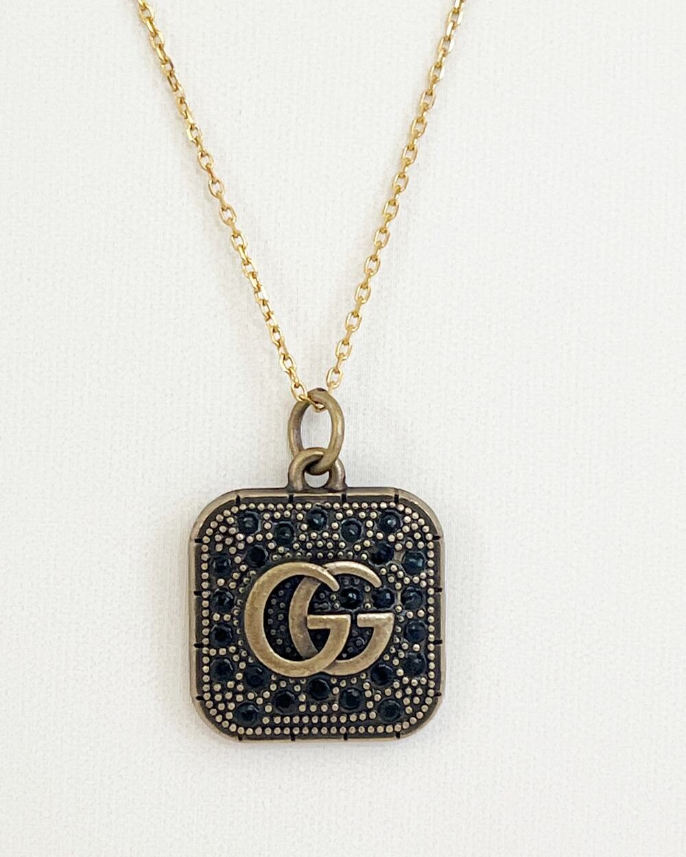 GUCCI GG Neckace Square Pendant Zipper Pull Charm Logo Black Pavé Vintage